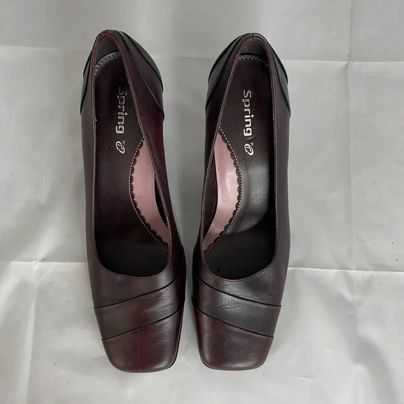 VINTAGE Y2K Spring Square Toe Pumps Wine Maroon Genuine Leather Shoes Heels 36 - Picture 7 of 13